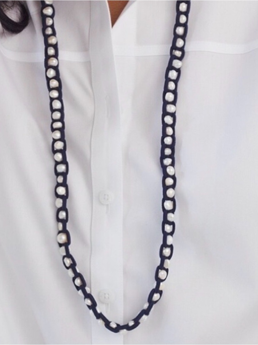 Chico’s Freshwater Pearl and Navy Suede Ladder Necklace